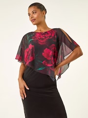 Roman Black Floral Overlay Premium Stretch Dress - Image 1 of 5