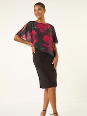 Roman Black Floral Overlay Premium Stretch Dress - Image 2 of 5