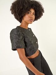 Roman Black Brocade Puff Sleeve Jacket - Image 1 of 6