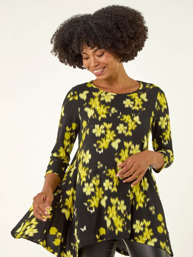 Roman Yellow Floral Print Hanky Hem Tunic Top - Image 1 of 5 Roman Yellow Floral Print Hanky Hem Tunic Top - Image 1 of 5