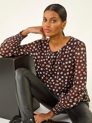 Roman Brown Spot Print Shirred Blouse - Image 1 of 5