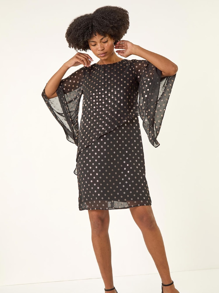 Roman Black Asymmetric Spot Print Overlay Dress - Image 2 of 5 Roman Black Asymmetric Spot Print Overlay Dress - Image 2 of 5