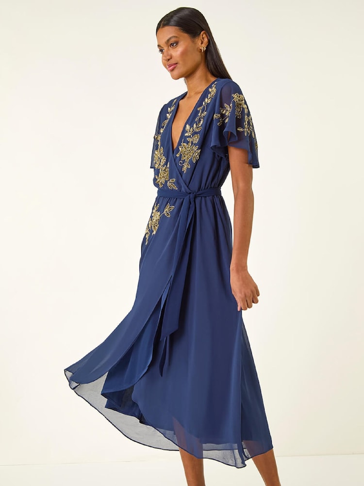 Roman Blue Premium Beaded Wrap Midi Dress - Image 1 of 5 Roman Blue Premium Beaded Wrap Midi Dress - Image 1 of 5