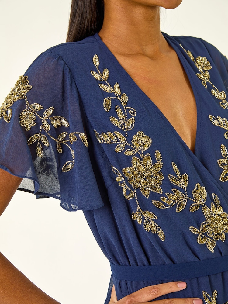 Roman Blue Premium Beaded Wrap Midi Dress - Image 5 of 5 Roman Blue Premium Beaded Wrap Midi Dress - Image 5 of 5