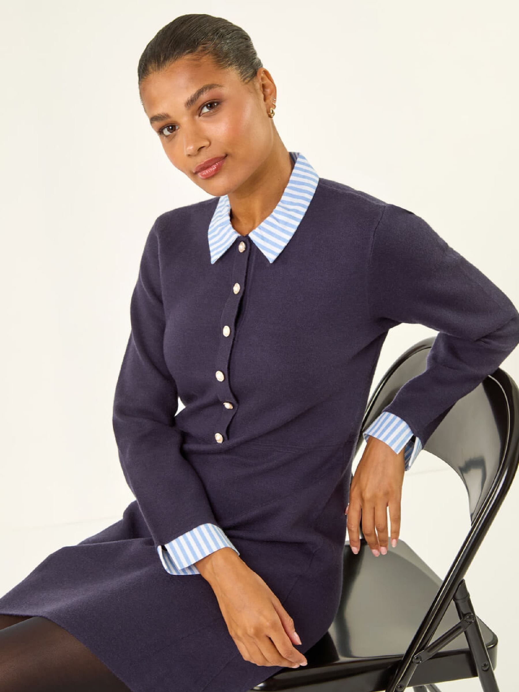 Roman Women's Blue Stripe Collar Buttoned Knit Dress