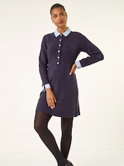 Roman Blue Stripe Collar Buttoned Knit Dress - Image 2 of 5