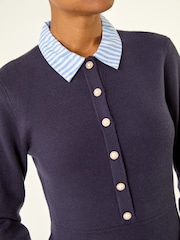 Roman Blue Stripe Collar Buttoned Knit Dress - Image 5 of 5
