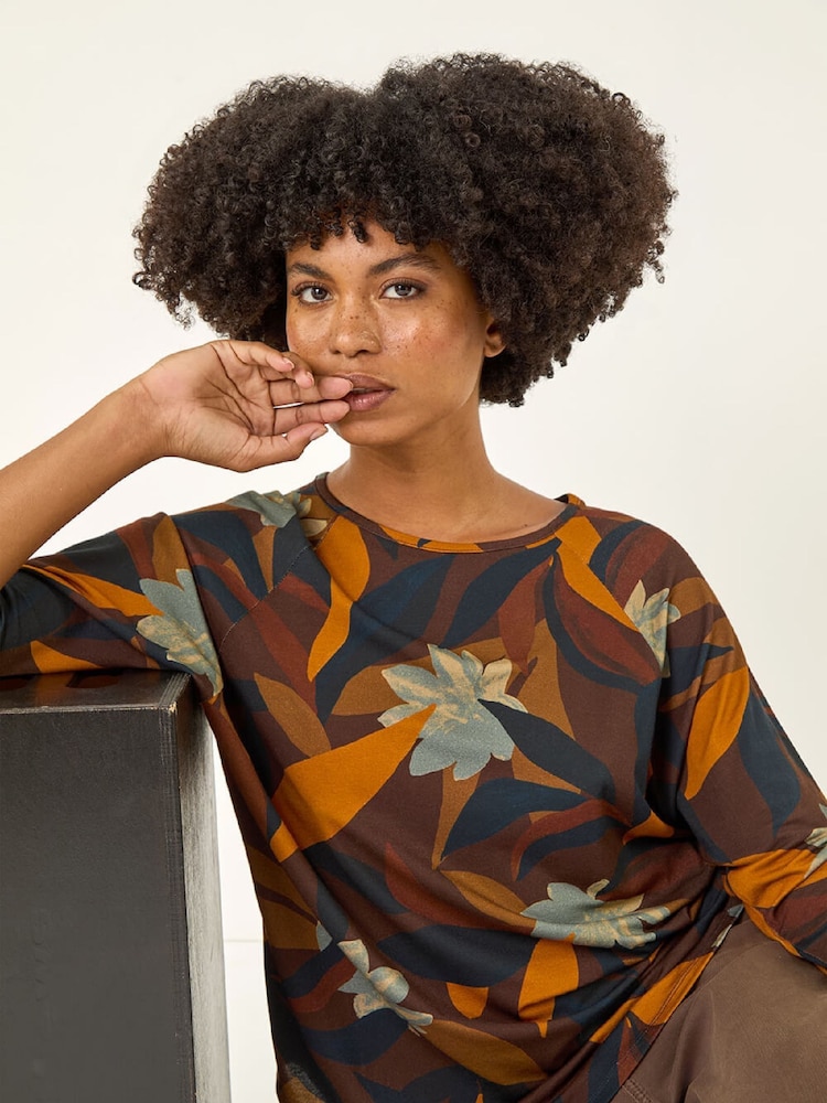 Roman Brown Floral Print Curved Hem T-Shirt - Image 1 of 5