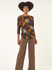 Roman Brown Floral Print Curved Hem T-Shirt - Image 2 of 5
