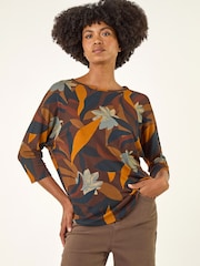 Roman Brown Floral Print Curved Hem T-Shirt - Image 4 of 5
