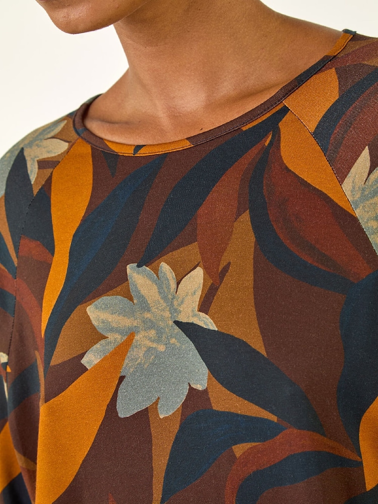 Roman Brown Floral Print Curved Hem T-Shirt - Image 5 of 5