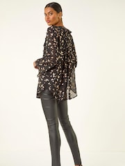 Roman Black Foil Heart Print Frill Front Blouse - Image 3 of 5