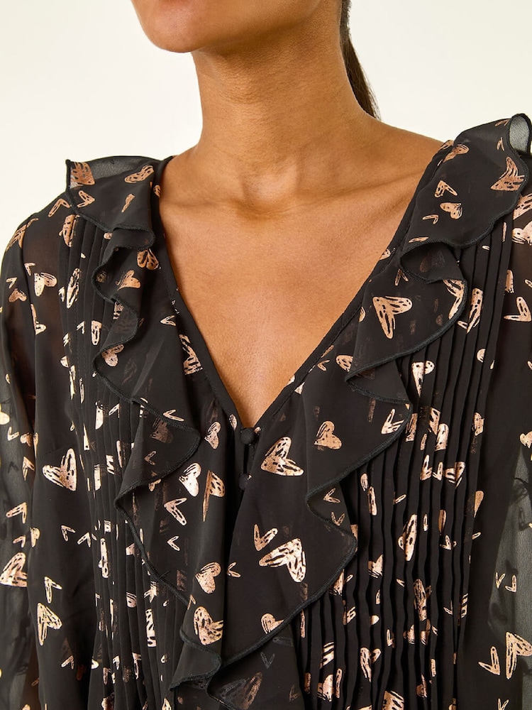 Roman Black Foil Heart Print Frill Front Blouse - Image 5 of 5