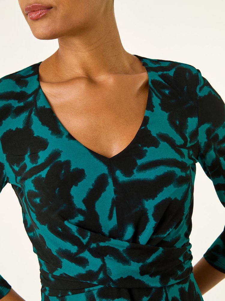 Roman Blue Floral Print Wrap Midi Stretch Dress - Image 5 of 5 Roman Blue Floral Print Wrap Midi Stretch Dress - Image 5 of 5