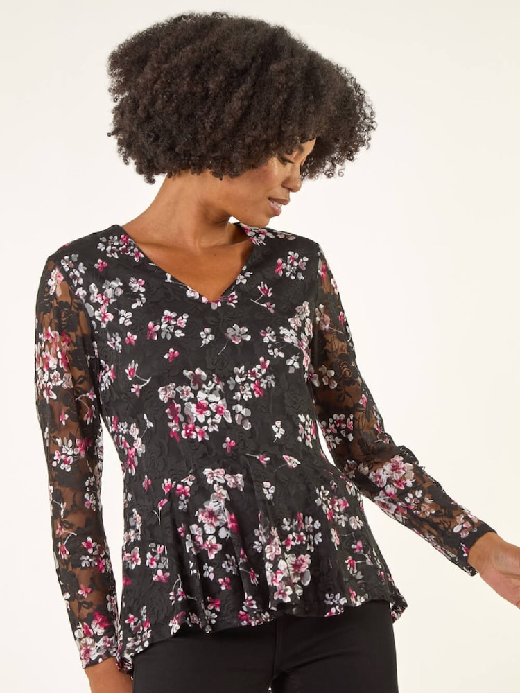 Roman Black Printed Mesh V-Neck Blouse - Image 1 of 5