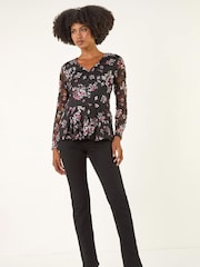 Roman Black Printed Mesh V-Neck Blouse - Image 2 of 5