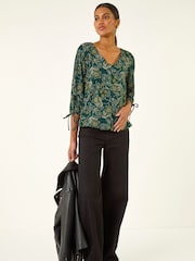 Roman Green Floral V-Neck Stretch Tunic Top - Image 3 of 5