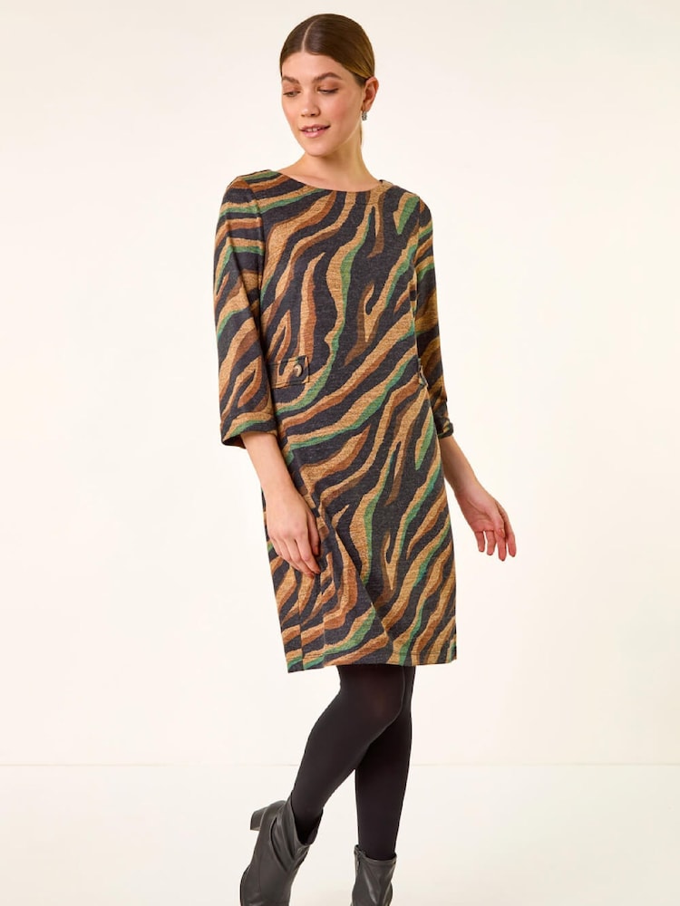 Roman Brown Zebra Print Stretch Swing Dress - Image 1 of 5 Roman Brown Zebra Print Stretch Swing Dress - Image 1 of 5