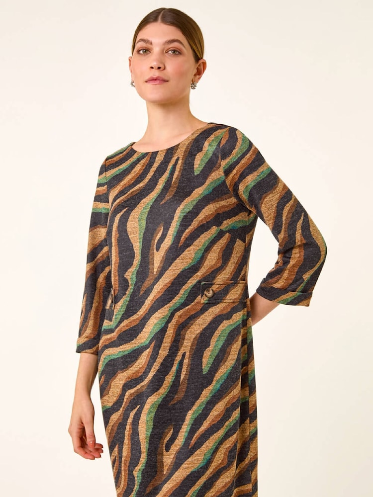 Roman Brown Zebra Print Stretch Swing Dress - Image 2 of 5 Roman Brown Zebra Print Stretch Swing Dress - Image 2 of 5