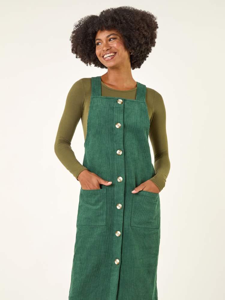 Roman Green Corduroy Pinafore Midi Dress - Image 1 of 5