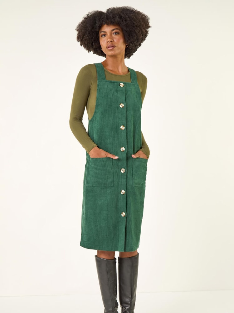 Roman Green Corduroy Pinafore Midi Dress - Image 2 of 5