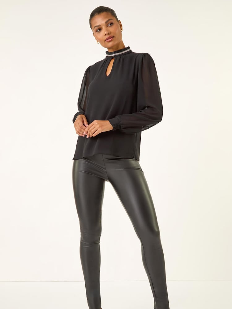 Roman Black Diamante Trim High Neck Blouse - Image 2 of 5