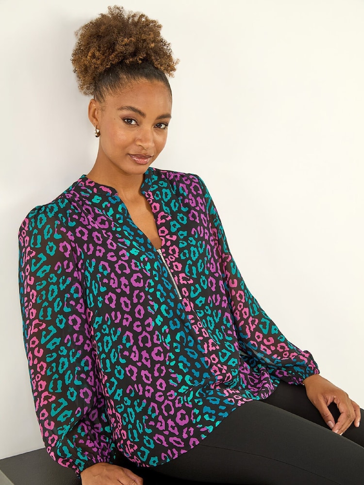 Roman Blue Animal Print Zip Front Blouse - Image 1 of 5 Roman Blue Animal Print Zip Front Blouse - Image 1 of 5