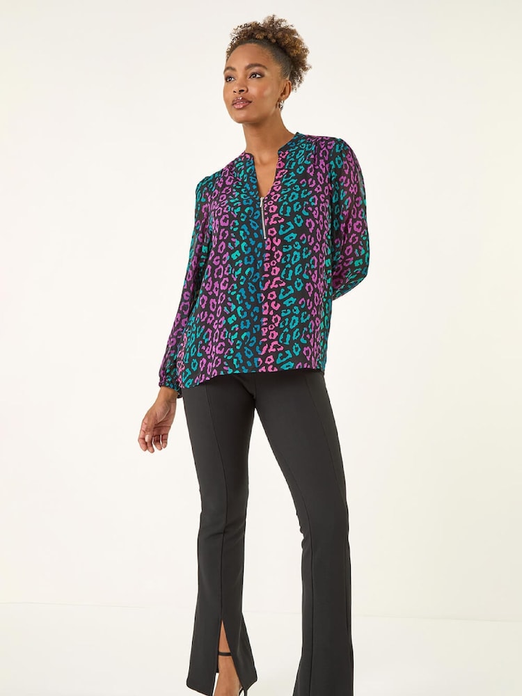 Roman Blue Animal Print Zip Front Blouse - Image 2 of 5 Roman Blue Animal Print Zip Front Blouse - Image 2 of 5