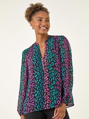 Roman Blue Animal Print Zip Front Blouse - Image 4 of 5