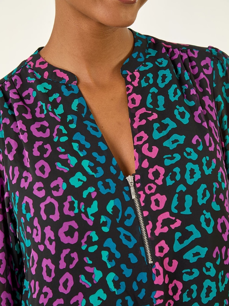 Roman Blue Animal Print Zip Front Blouse - Image 5 of 5 Roman Blue Animal Print Zip Front Blouse - Image 5 of 5