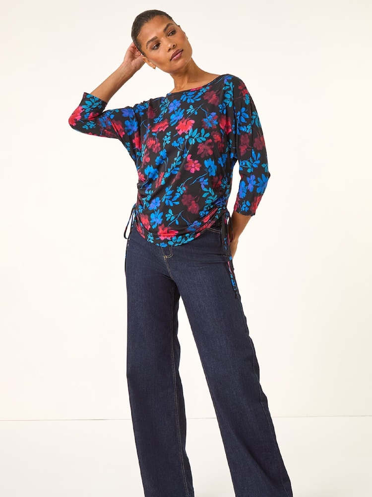 Roman Blue Floral Print Tie Detail Stretch Blouse - Image 2 of 5 Roman Blue Floral Print Tie Detail Stretch Blouse - Image 2 of 5