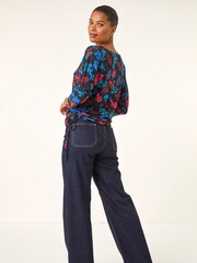 Roman Blue Floral Print Tie Detail Stretch Blouse - Image 3 of 5