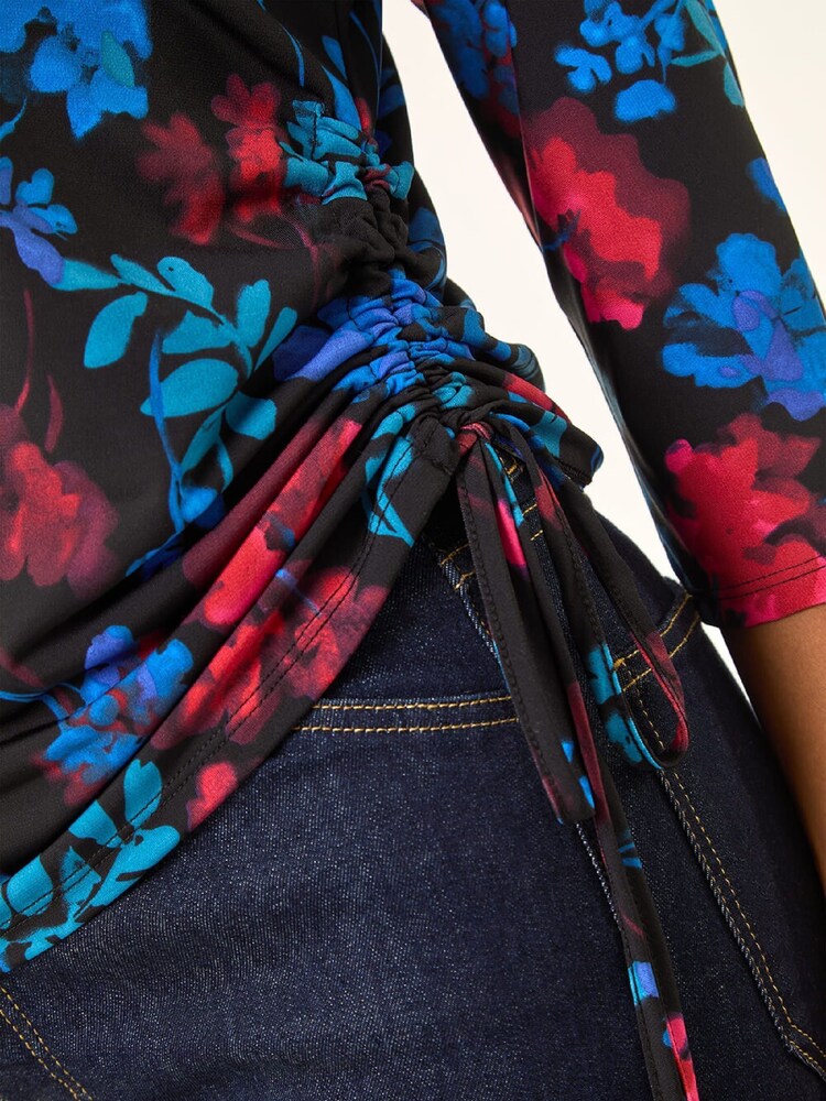 Roman Blue Floral Print Tie Detail Stretch Blouse - Image 5 of 5