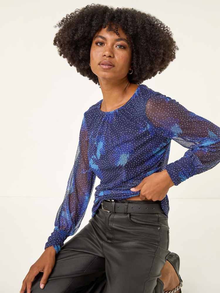 Roman Blue Printed Stud Mesh Stretch Tunic Top - Image 1 of 5 Roman Blue Printed Stud Mesh Stretch Tunic Top - Image 1 of 5