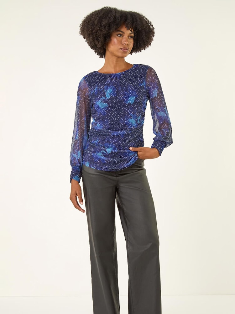 Roman Blue Printed Stud Mesh Stretch Tunic Top - Image 2 of 5 Roman Blue Printed Stud Mesh Stretch Tunic Top - Image 2 of 5