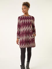 Roman Red Zig Zag Buttoned Side Dress - Image 2 of 5