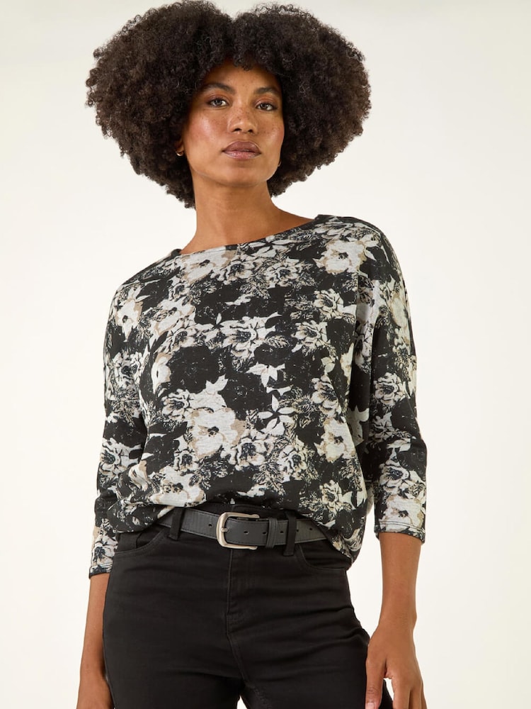 Roman Black Floral Print Snit Jersey T-Shirt - Image 1 of 5 Roman Black Floral Print Snit Jersey T-Shirt - Image 1 of 5