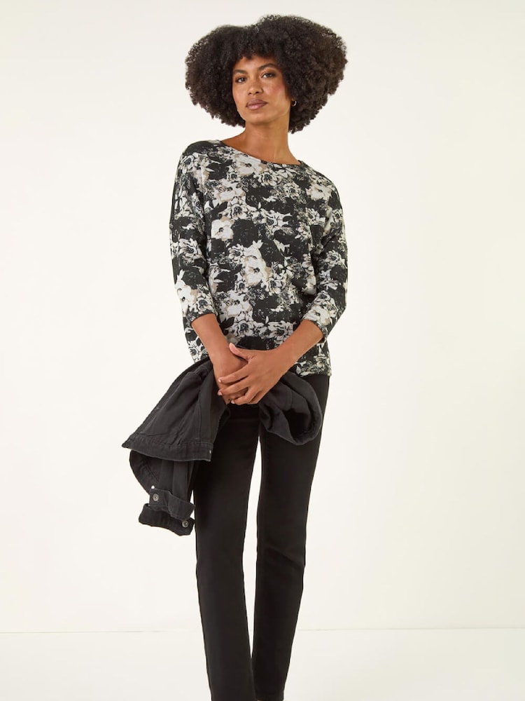 Roman Black Floral Print Snit Jersey T-Shirt - Image 2 of 5 Roman Black Floral Print Snit Jersey T-Shirt - Image 2 of 5