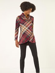 Roman Red Plaid Cowl Neck Buttoned Tunic Top - Image 1 of 5