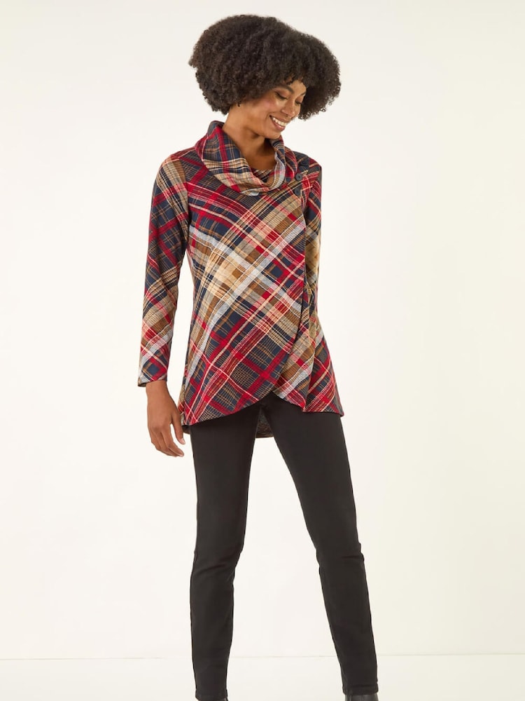 Roman Red Plaid Cowl Neck Buttoned Tunic Top - Image 1 of 5