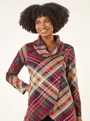 Roman Red Plaid Cowl Neck Buttoned Tunic Top - Image 2 of 5