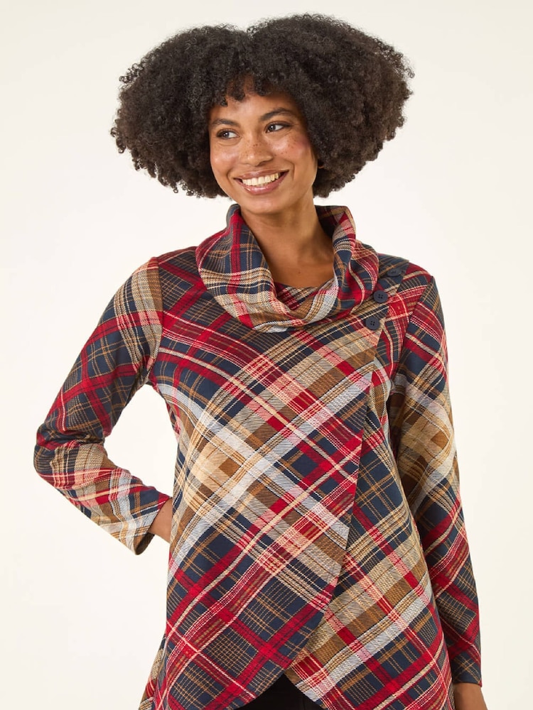 Roman Red Plaid Cowl Neck Buttoned Tunic Top - Image 2 of 5