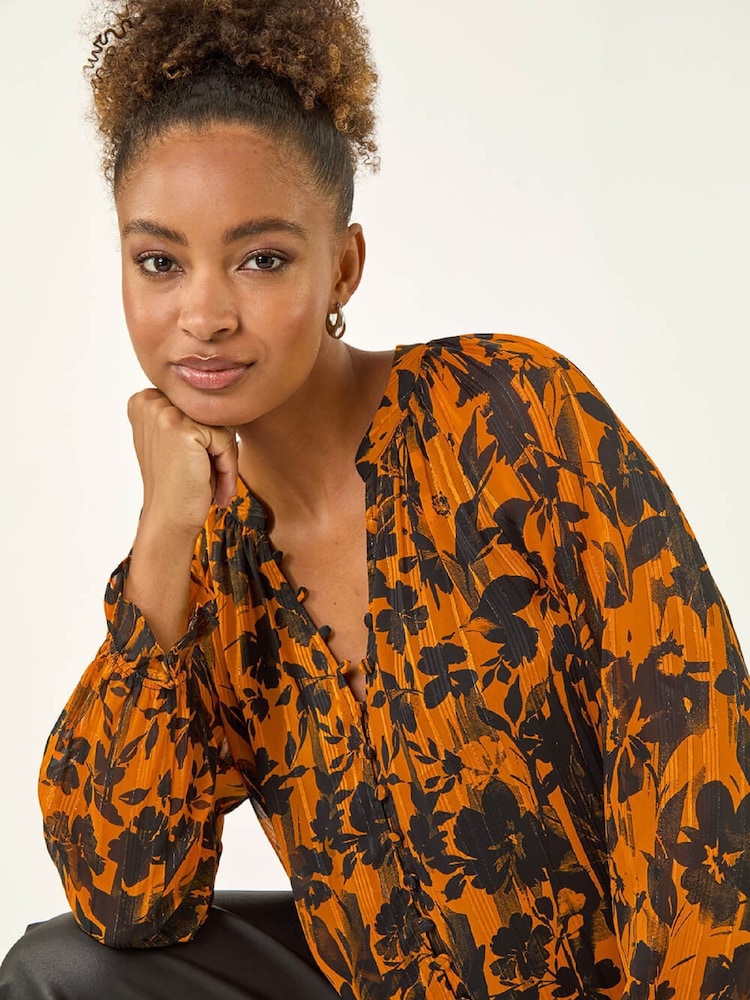 Roman Orange Metallic Floral Buttoned Blouse - Image 1 of 5