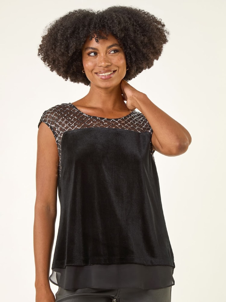 Roman Black Velvet Sequin Mesh Blouse - Image 1 of 5 Roman Black Velvet Sequin Mesh Blouse - Image 1 of 5