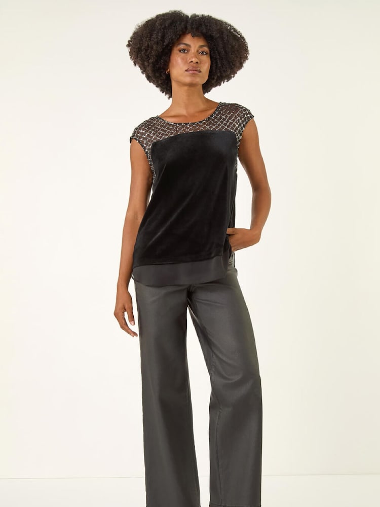 Roman Black Velvet Sequin Mesh Blouse - Image 2 of 5 Roman Black Velvet Sequin Mesh Blouse - Image 2 of 5