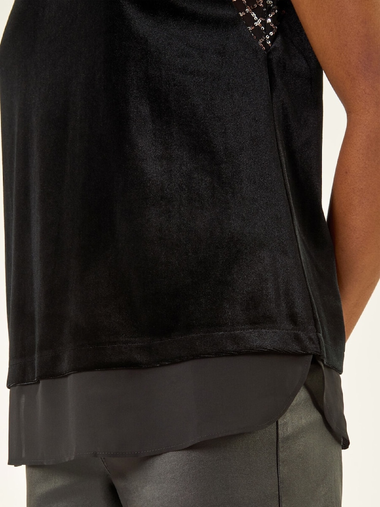Roman Black Velvet Sequin Mesh Blouse - Image 5 of 5 Roman Black Velvet Sequin Mesh Blouse - Image 5 of 5