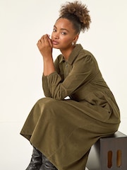 Roman Green Corduroy Zip Detail Midi Dress - Image 1 of 5
