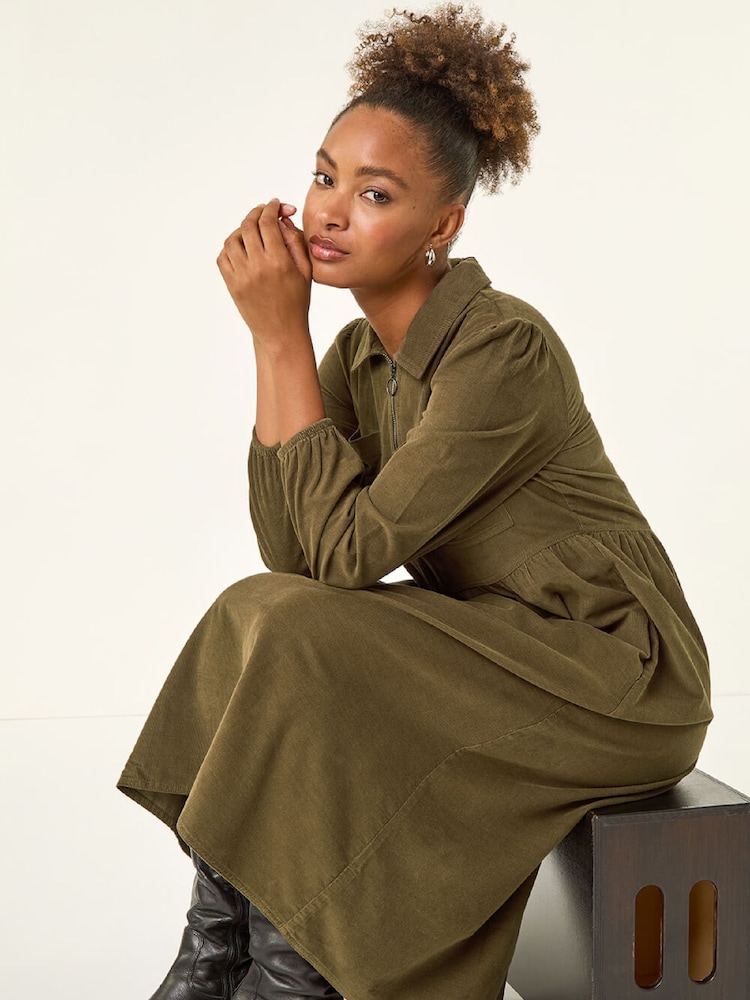 Roman Green Corduroy Zip Detail Midi Dress - Image 1 of 5 Roman Green Corduroy Zip Detail Midi Dress - Image 1 of 5