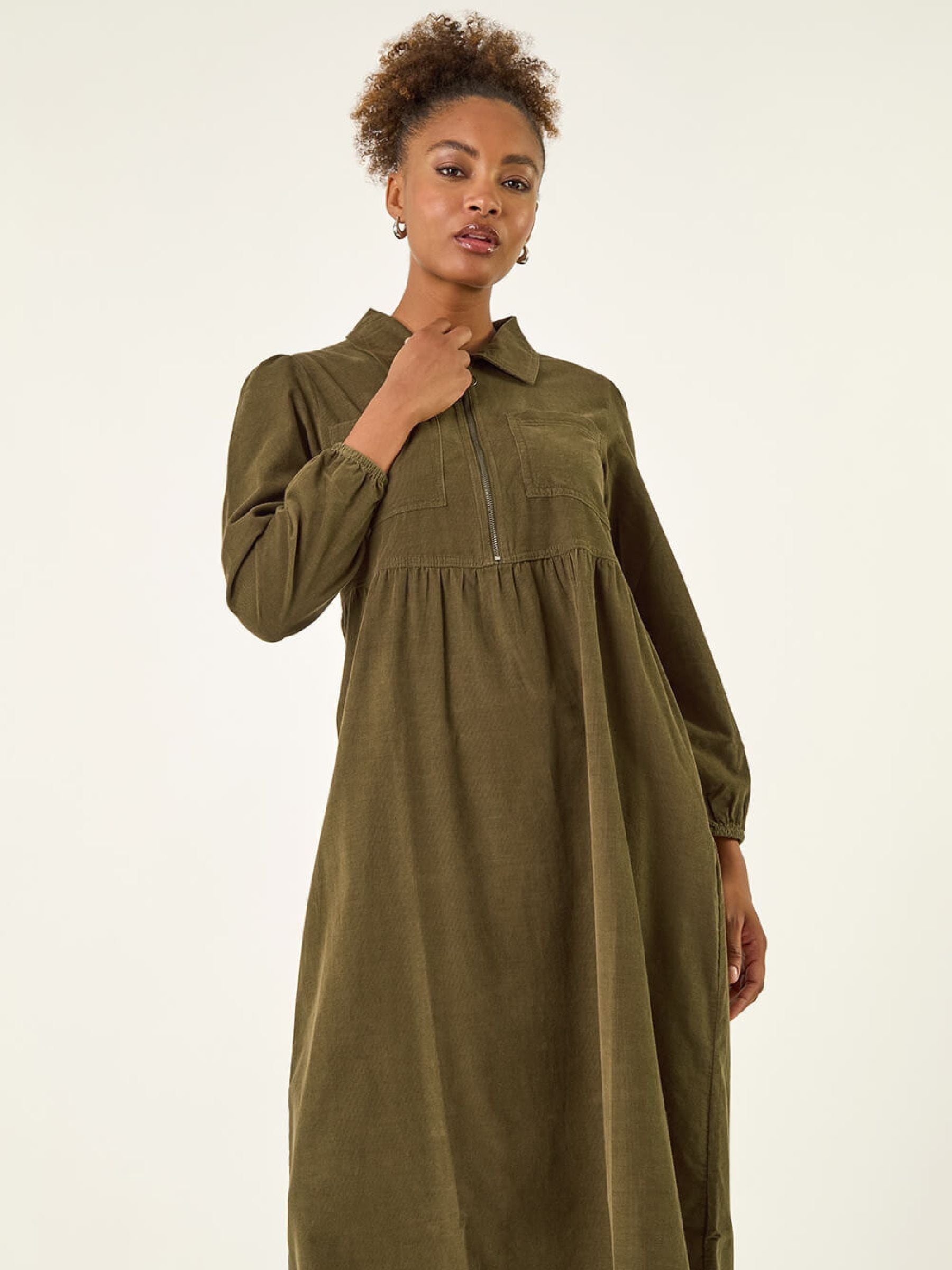 Buy Roman Green Corduroy Zip Detail Midi Dress from the Next UK