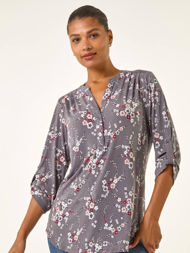 Roman Grey Floral Puff Print Stretch Shirt - Image 1 of 5